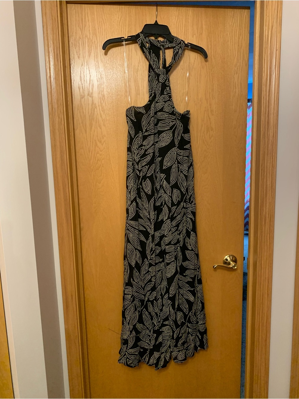 Elan Black and White Leaf-Print Halter Maxi Dress